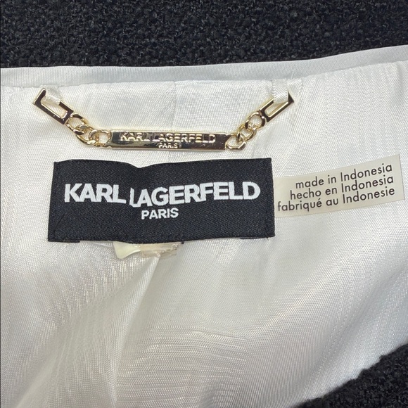 Karl Lagerfeld Paris White Black Colorblocked Tweed Chain Cropped Zip Up Blazer - Picture 9 of 11
